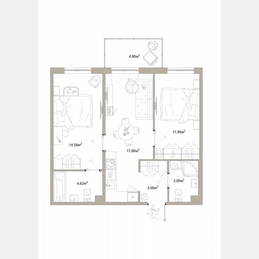 2-к. квартира, 56,8 м², 5/12 эт.