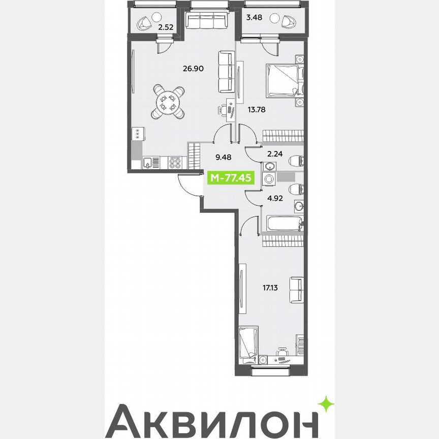 2-к. квартира, 77,5 м², 4/12 эт.