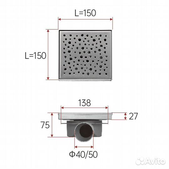 Душевой трап с решеткой 15х15 см сатин fashun A41