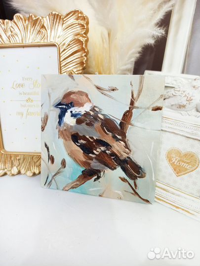 Картина воробей на ветке масло холст живопись