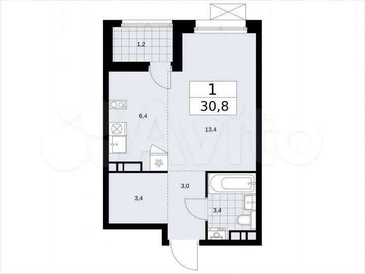 Квартира-студия, 30,8 м², 6/12 эт.