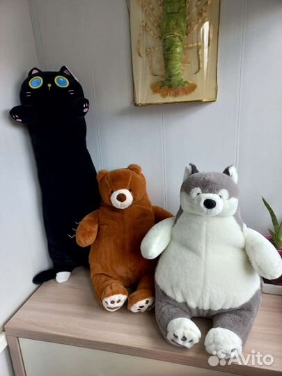 Игрушки подушки черный кот батон,хаска, мишка