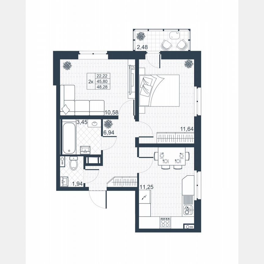 2-к. квартира, 46,5 м², 1/8 эт.