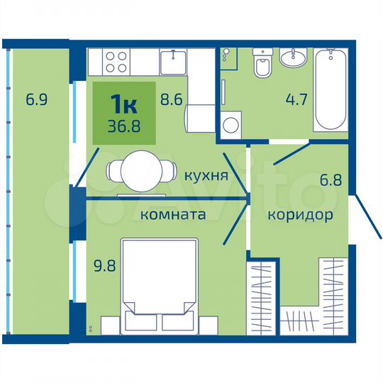 1-к. квартира, 36,8 м², 1/10 эт.