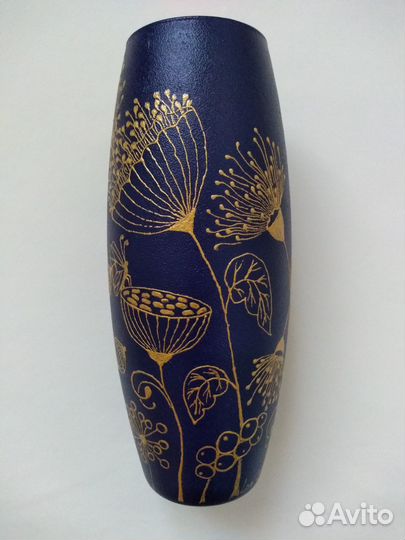 Темно-синяя ваза с ручной росписью (hand-made)