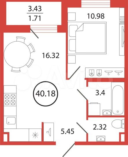 1-к. квартира, 40,2 м², 3/12 эт.