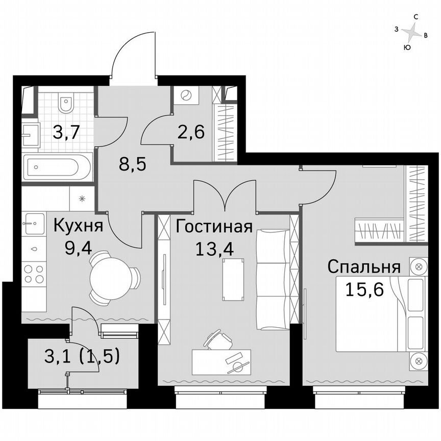 2-к. квартира, 54,7 м², 15/15 эт.