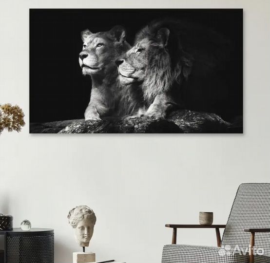 Новая Картина на холсте лев и львица в чб