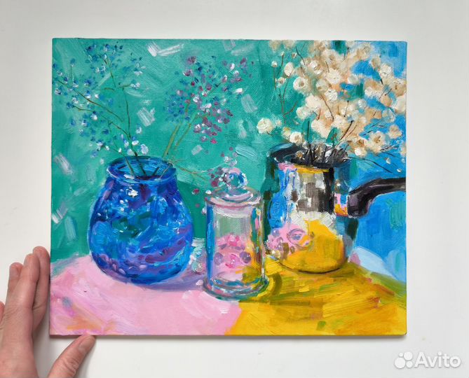 Картина натюрморт с посудой букет пушистиков