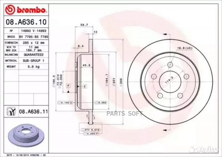 Brembo 08.A636.11 Диск торм.зад.jeep cherokee KJ 2