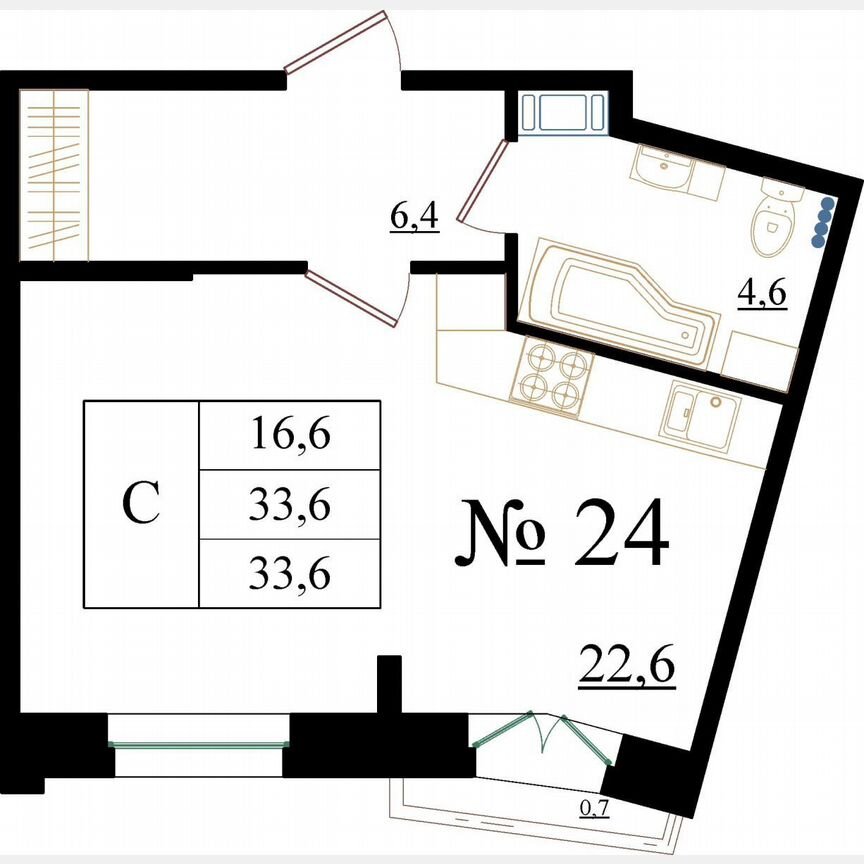 Квартира-студия, 33,6 м², 3/8 эт.