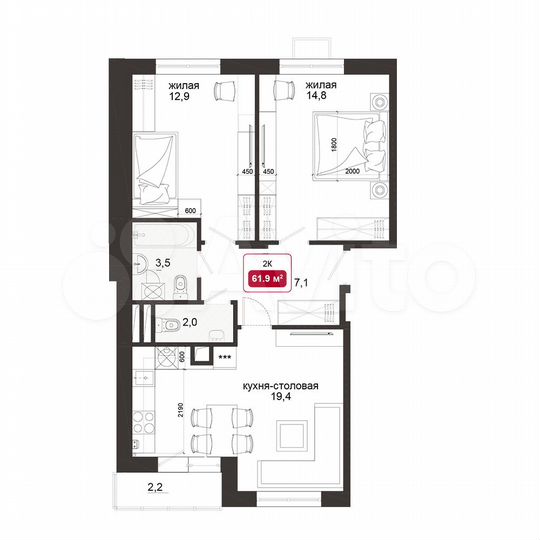 2-к. квартира, 62,2 м², 4/4 эт.