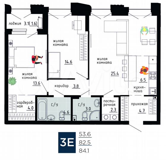 3-к. квартира, 84,1 м², 6/9 эт.