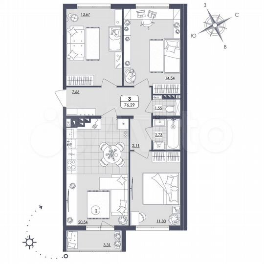 3-к. квартира, 76,3 м², 3/4 эт.