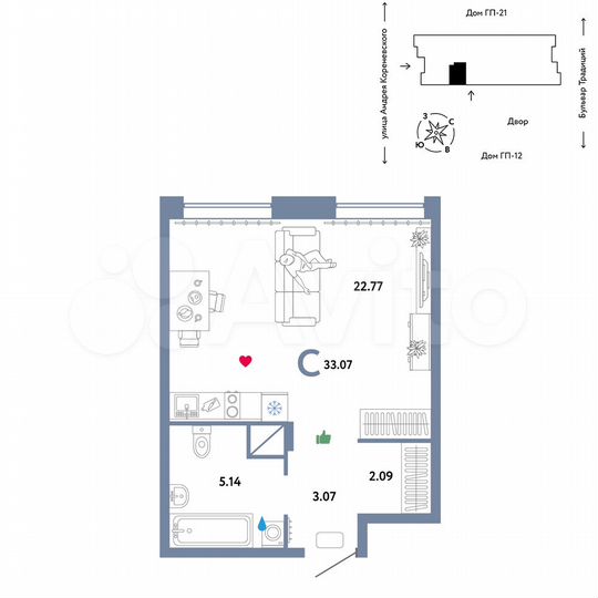 Квартира-студия, 33,1 м², 12/14 эт.
