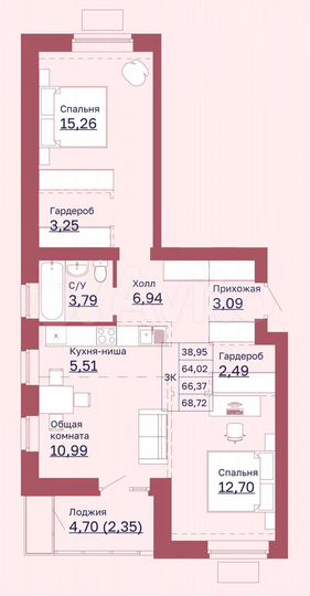 3-к. квартира, 66,4 м², 3/6 эт.
