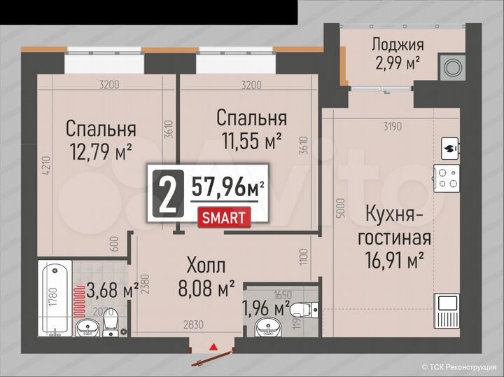 2-к. квартира, 58 м², 10/10 эт.