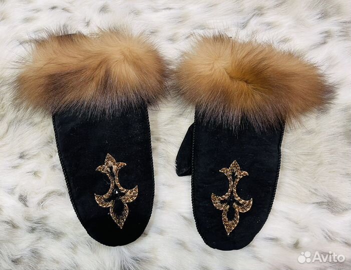 Варежки натуральная замша мех