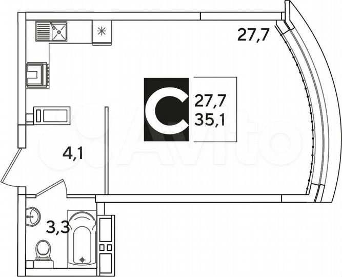 Квартира-студия, 35,1 м², 14/16 эт.