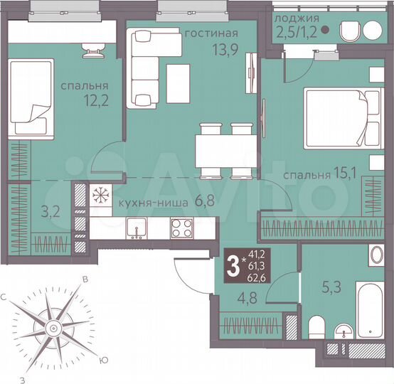 3-к. квартира, 62,6 м², 4/16 эт.