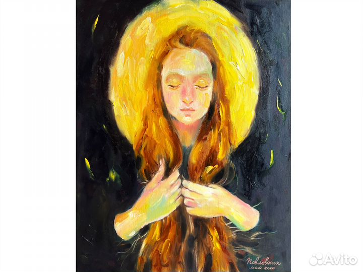 Картина маслом на холсте, луна, девушка, 40/50 см