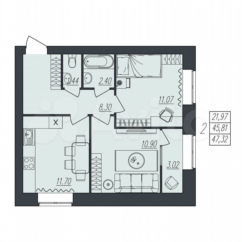 2-к. квартира, 47,3 м², 1/10 эт.