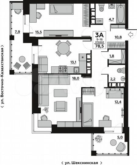 3-к. квартира, 85 м², 9/16 эт.