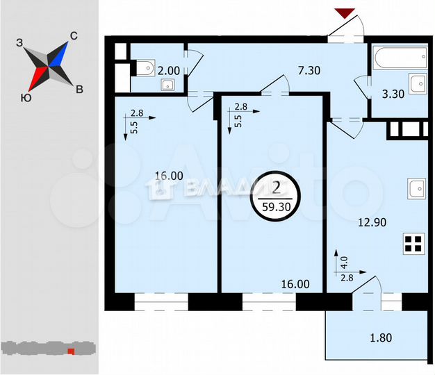 2-к. квартира, 59,1 м², 11/18 эт.