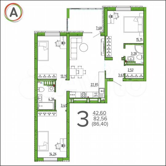 3-к. квартира, 86,4 м², 12/17 эт.