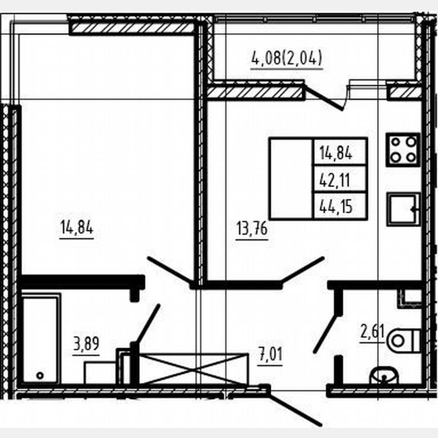 1-к. квартира, 42,1 м², 1/4 эт.