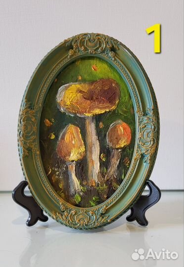 Грибы. Картина маслом в красивой Винтажной рамке