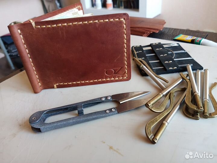 Зажим для денег из натуральной кожи, ручная работа