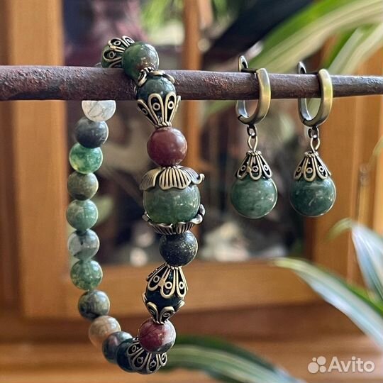 Браслет и серьги из агата и яшмы