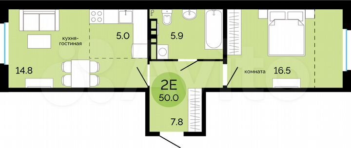 2-к. квартира, 50 м², 15/17 эт.