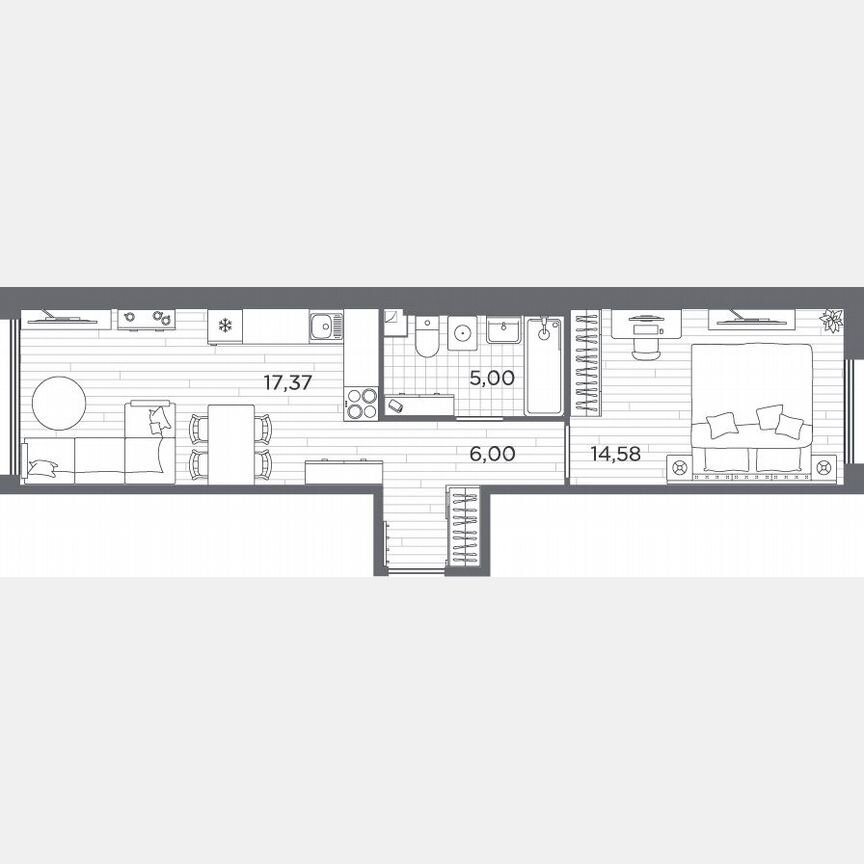 1-к. квартира, 43 м², 1/5 эт.