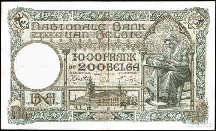 1000 франков 1943 г. Бельгия. Редкая XF+