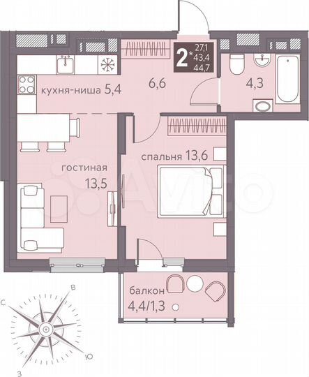 2-к. квартира, 44,7 м², 15/16 эт.