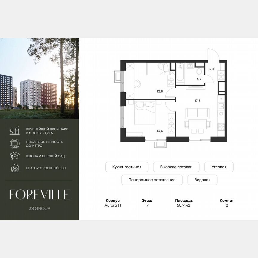 2-к. квартира, 50,9 м², 17/17 эт.