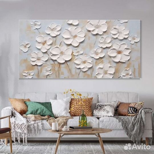 Текстурная картина маслом на холсте 3D Белые цветы