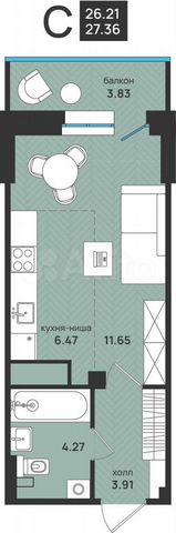 Квартира-студия, 27,4 м², 2/9 эт.