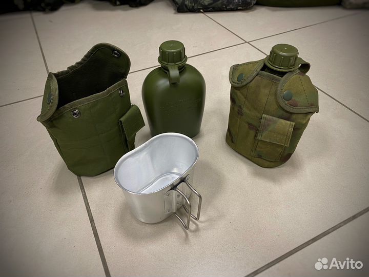 Фляжка армейская 1 литр пластик с котелком в чехле