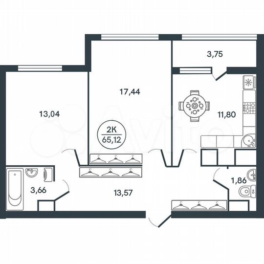 2-к. квартира, 65,1 м², 7/17 эт.