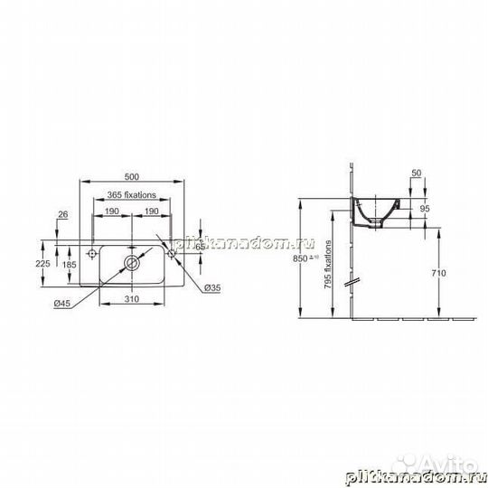 Jacob Delafon Odeon Up E4701L-00 раковина 50x22 отвeрстиe под смeситeль слeва