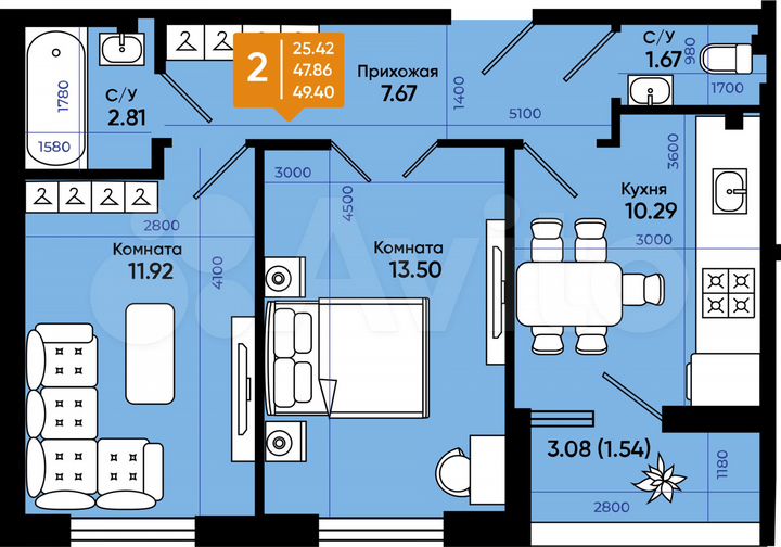 2-к. квартира, 49,4 м², 1/9 эт.