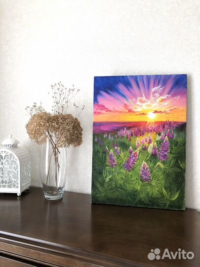 Картина маслом Закат и люпины