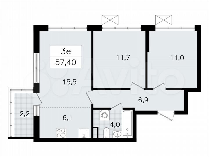 3-к. квартира, 57,4 м², 7/7 эт.