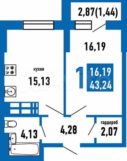 1-к. квартира, 42,5 м², 21/24 эт.
