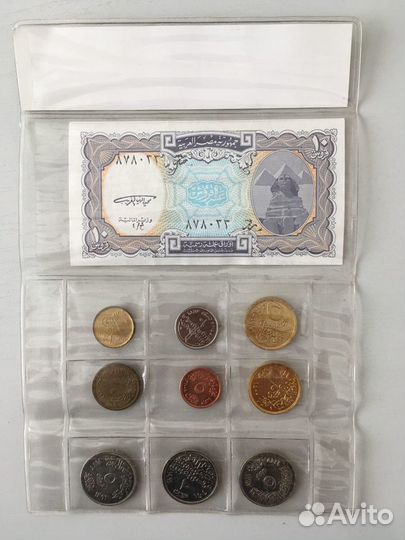Набор монет и купюра Египта в блистере