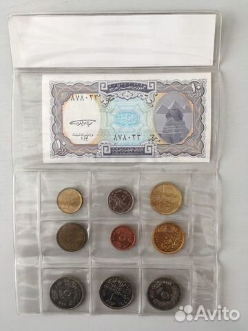 Набор монет и купюра Египта в блистере