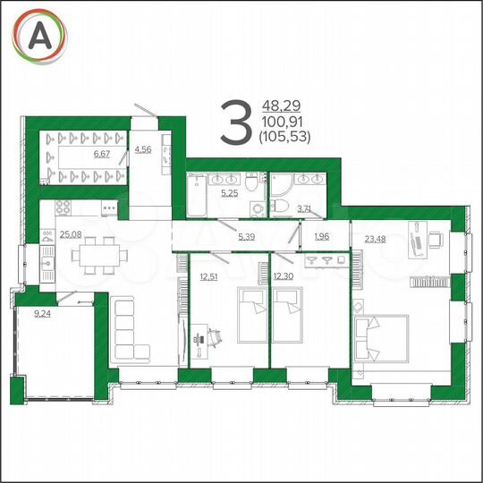 3-к. квартира, 105,5 м², 7/9 эт.